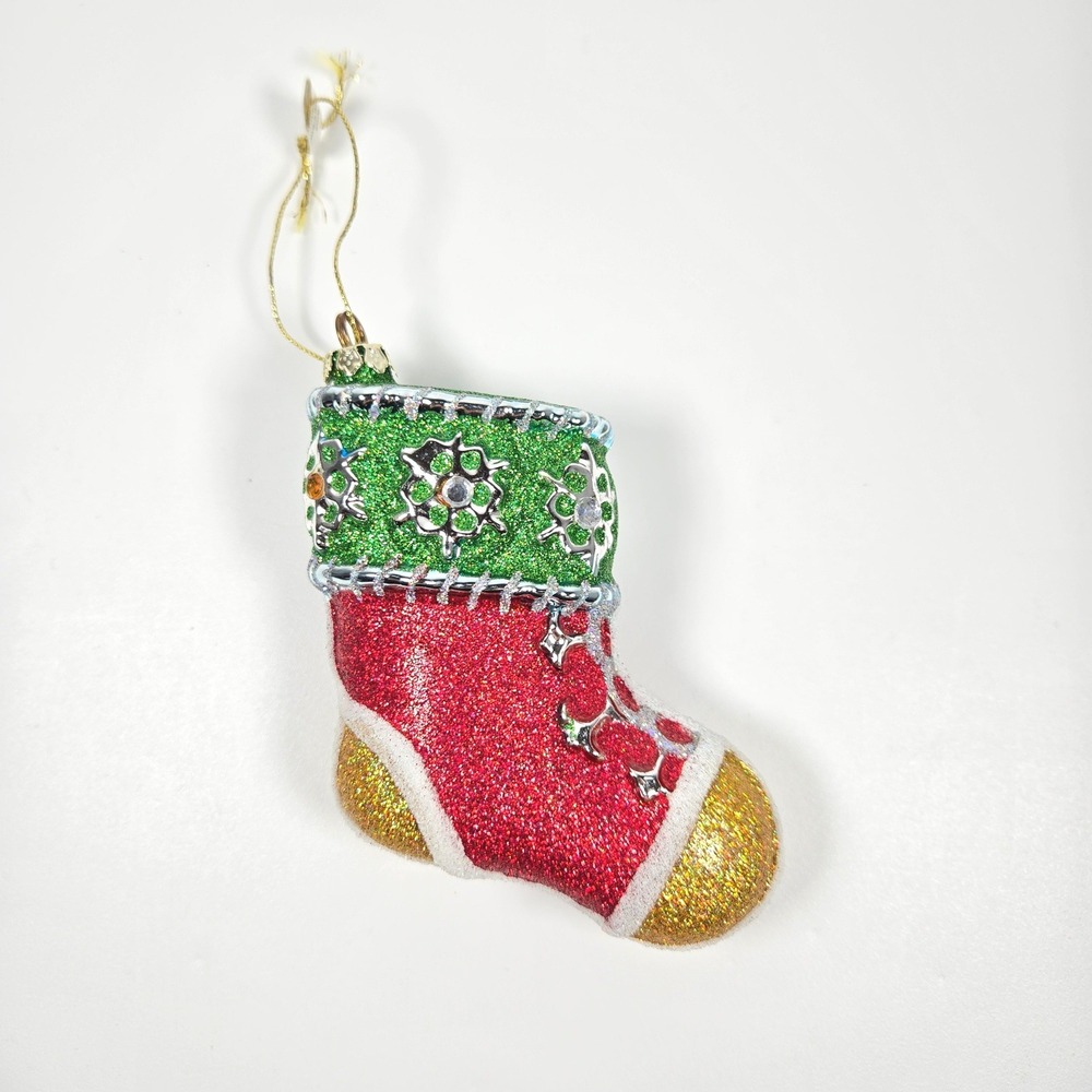 NICE Blown Glass Christmas‎ Ornament Stocking Glitter Sparkle Bejeweled Costco